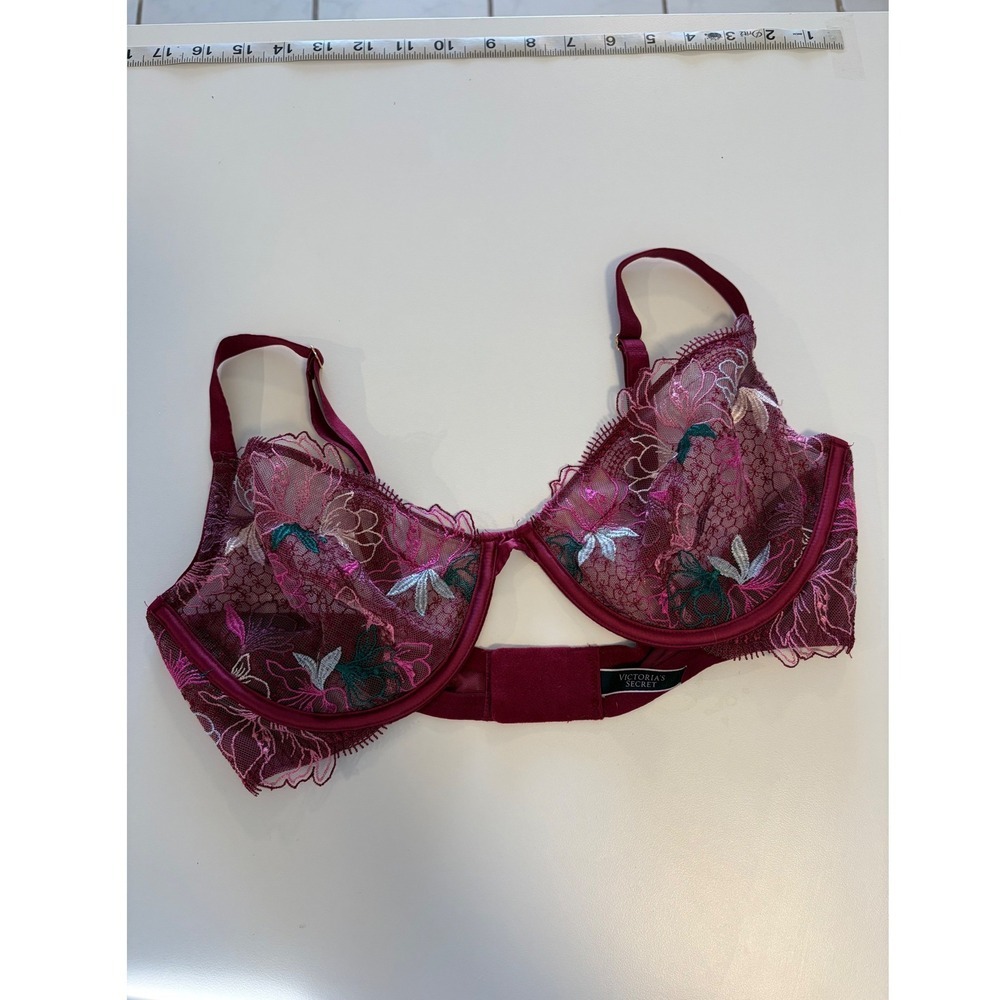 Victoria's Secret Burgundy Floral Embroidered Sheer Mesh Underwire Bra 34D - Picture 5 of 8